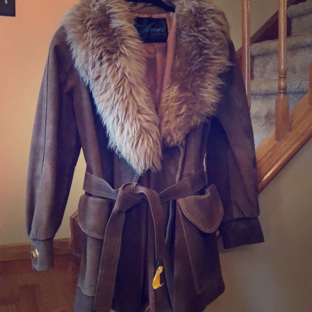 Gorgeous retro brown suede belted fur coat